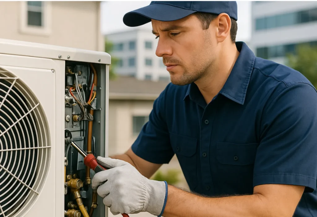 HVAC technician inspecting an outdoor unit.