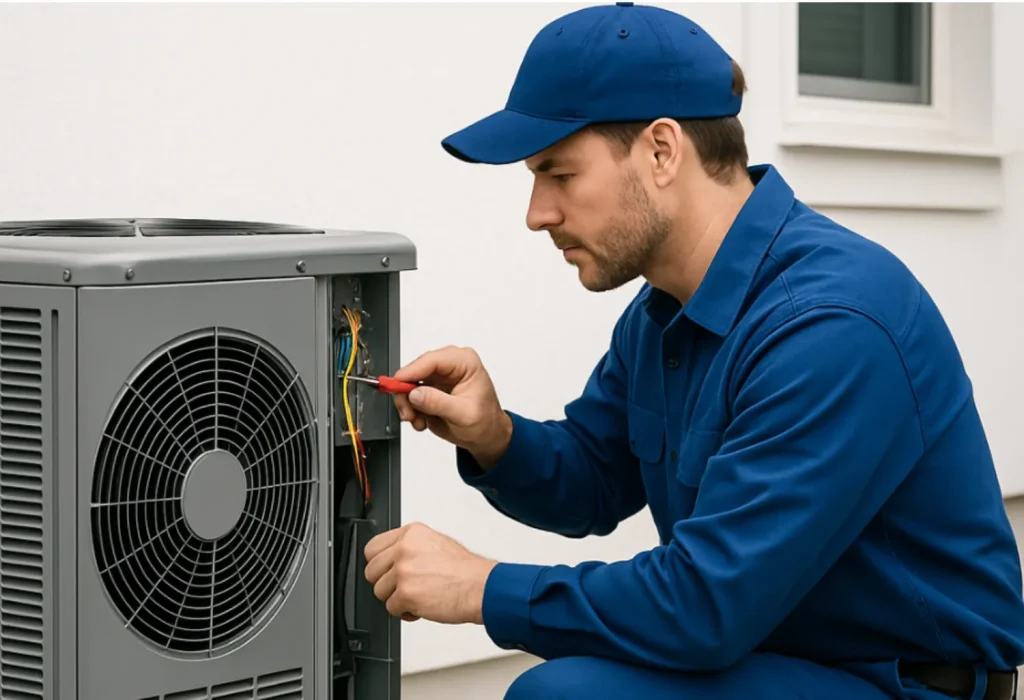 Technician repairing an outdoor HVAC unit.