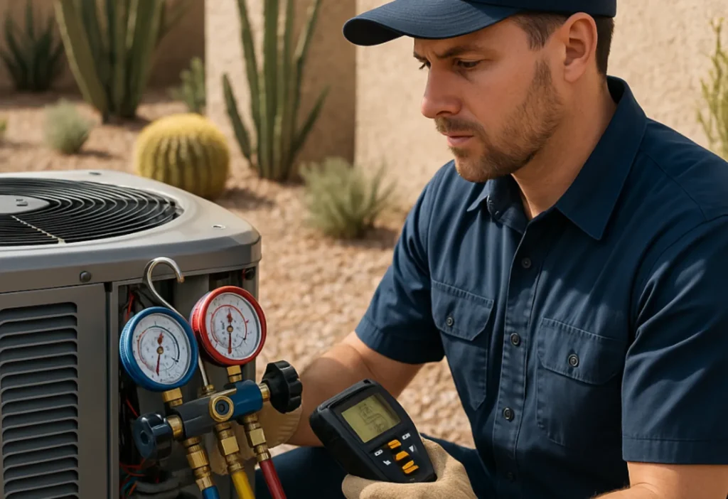 Technician checking HVAC system with gauges.