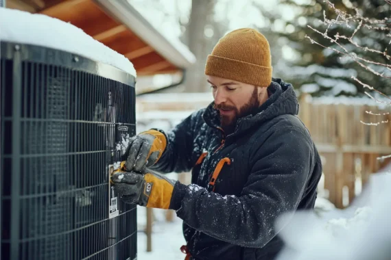 Technician performing winter HVAC preparation checklist on an HVAC system.