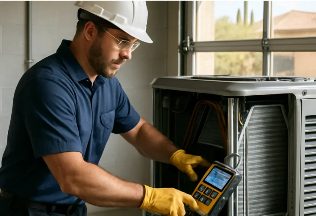 HVAC technician performing maintenance on an air conditioning unit.