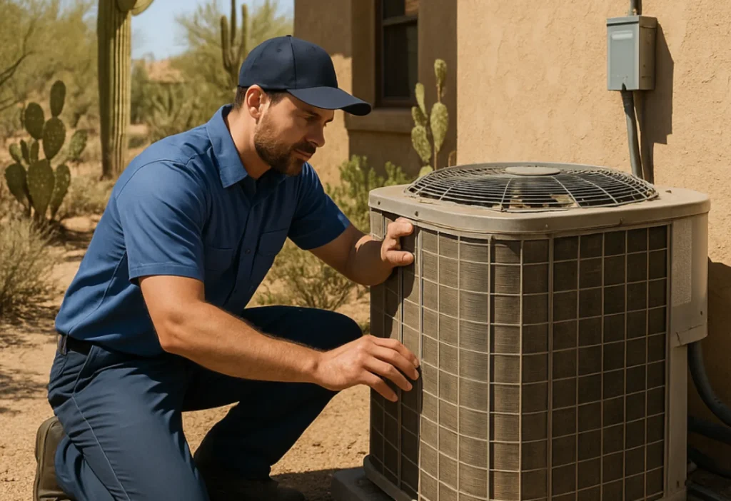Technician inspecting an HVAC unit during Summer maintenance in Gilbert, AZ.