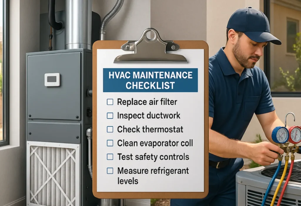 HVAC technician performing maintenance with a checklist for system efficiency.