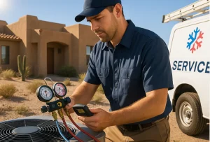 Technician performing AC repair in San Tan Valley.