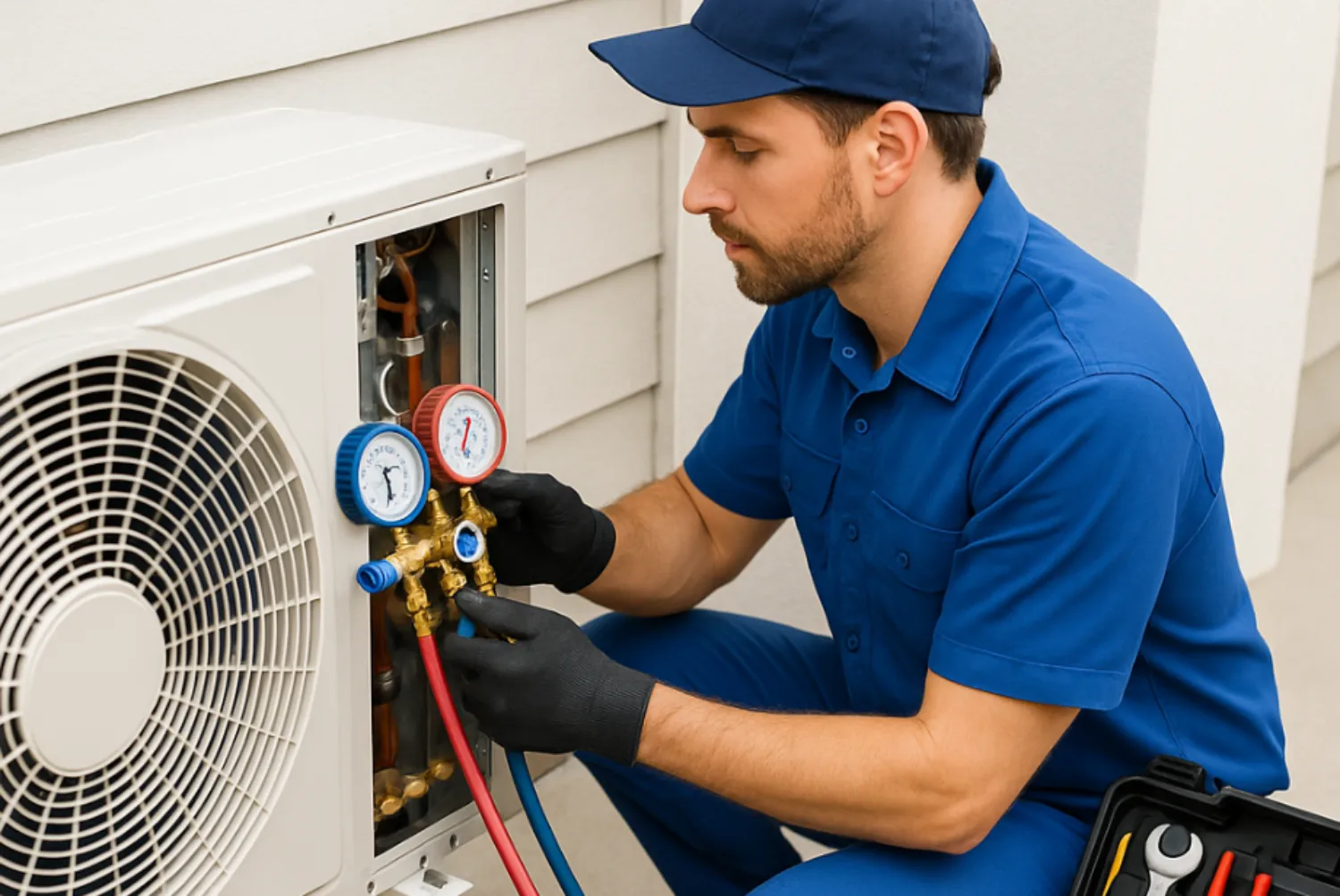 Technician performing AC repair and maintenance in San Tan Valley.