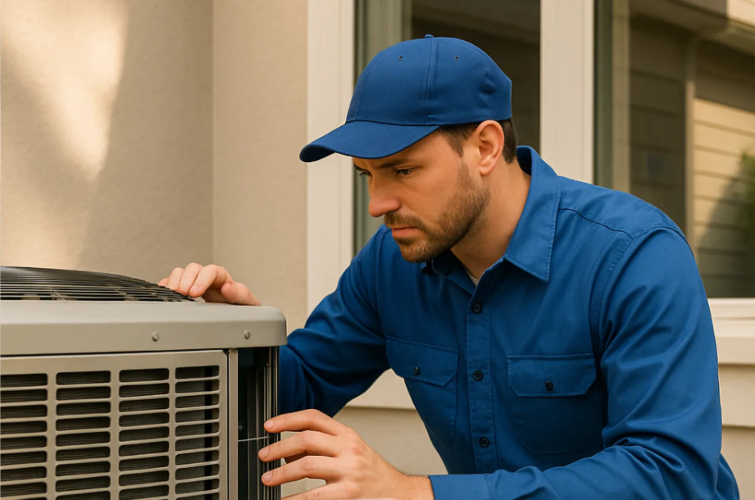 Technician inspecting an air conditioning unit for repair.
