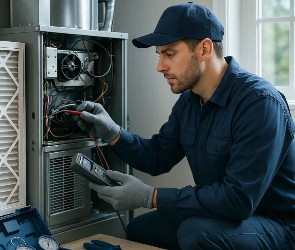HVAC technician performing routine maintenance on an air conditioning unit.