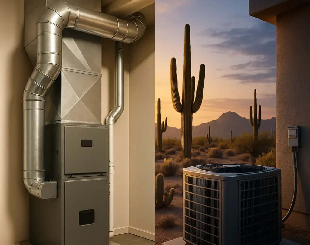 HVAC technician servicing an air conditioning unit in Gilbert, AZ.