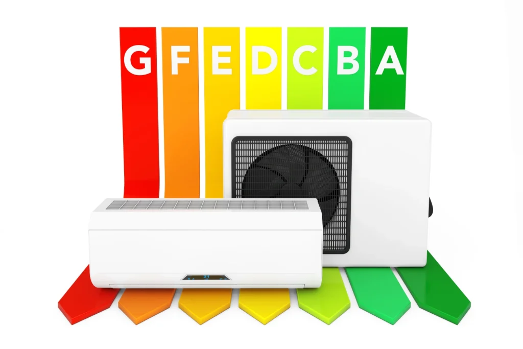 HVAC unit with airflow and energy efficiency icons illustrating SEER rating benefits.