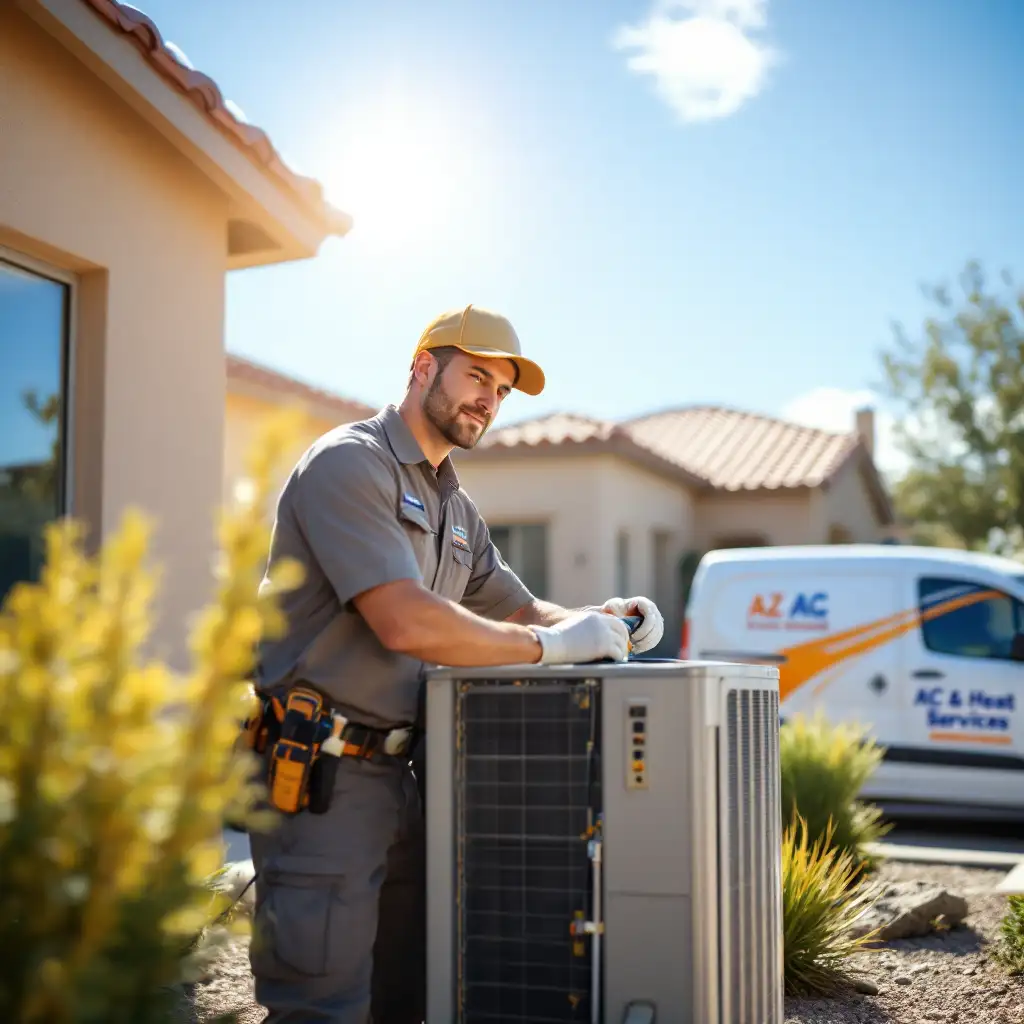 Technician servicing an AC unit under the Arizona sun