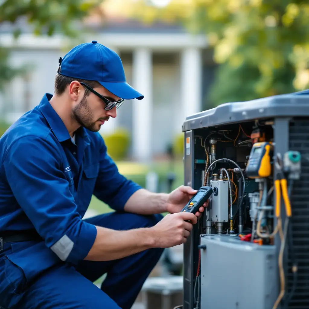 Technician examining a malfunctioning HVAC unit