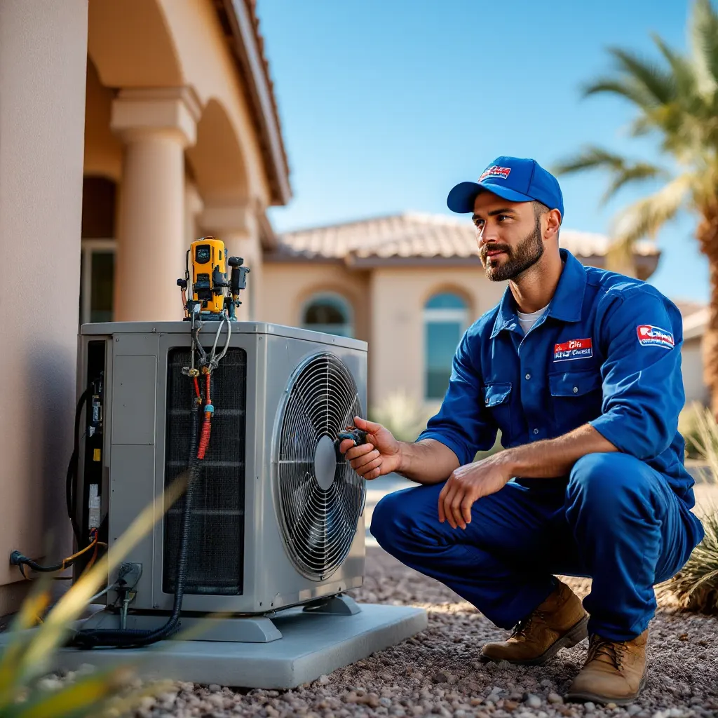 "HVAC technician servicing an air conditioning unit in Gilbert, Arizona"