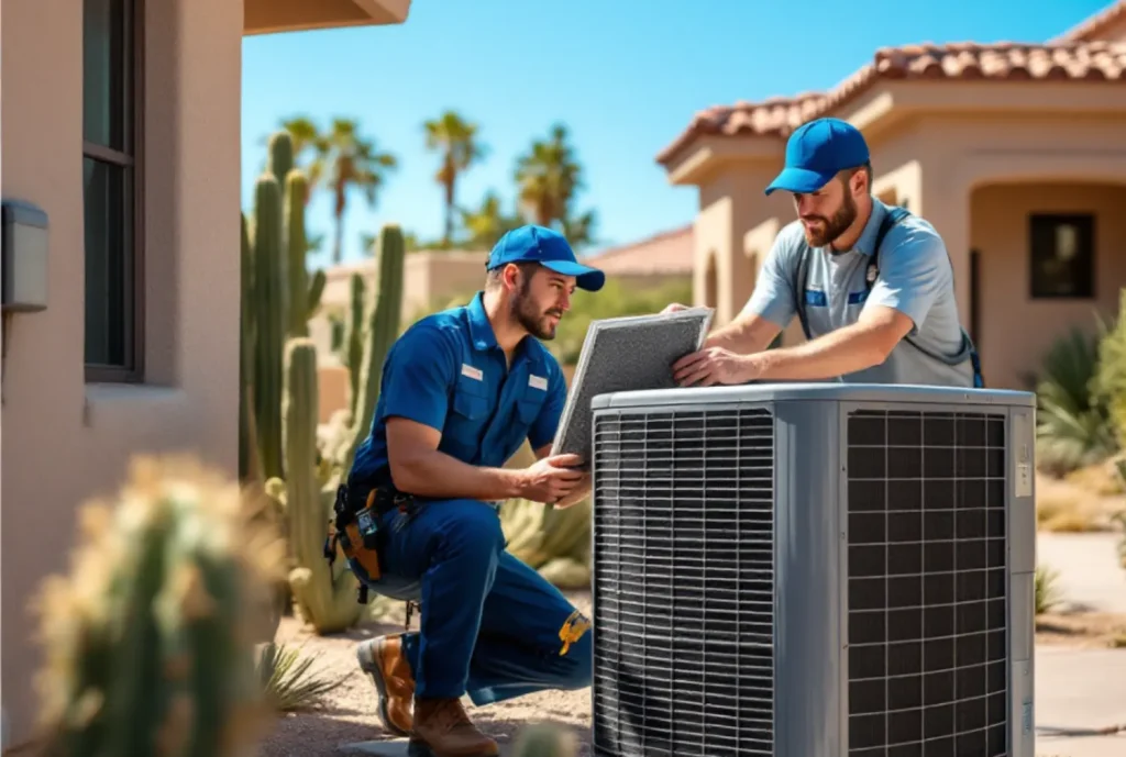 HVAC technician servicing an air conditioning unit in Gilbert, AZ