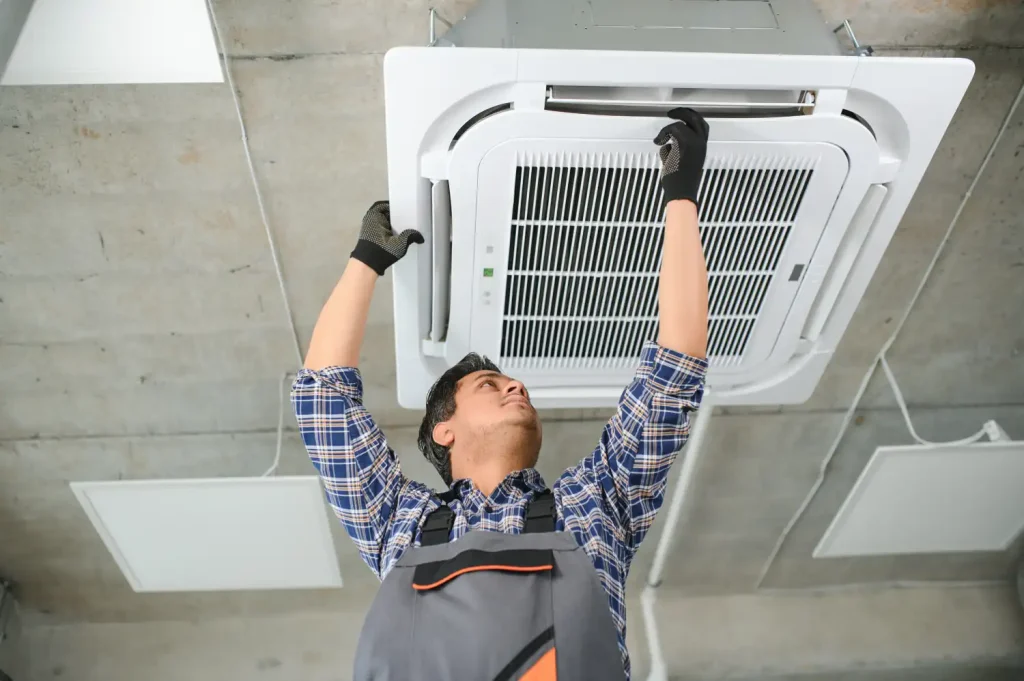 Technician performing a thorough inspection and maintenance on a heater.