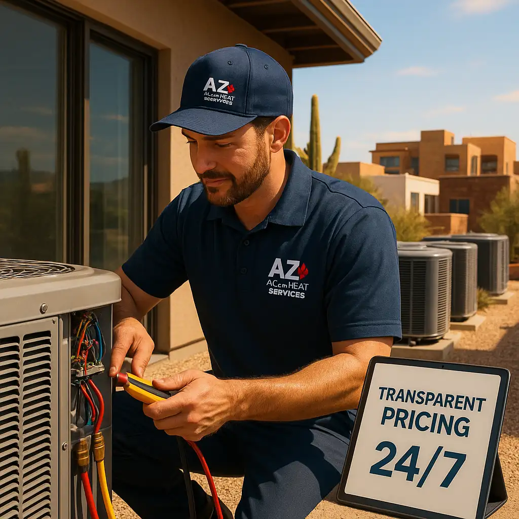 Technician from AZ AC and Heat Services repairing an AC unit with a "Transparent Pricing 24/7" sign nearby.