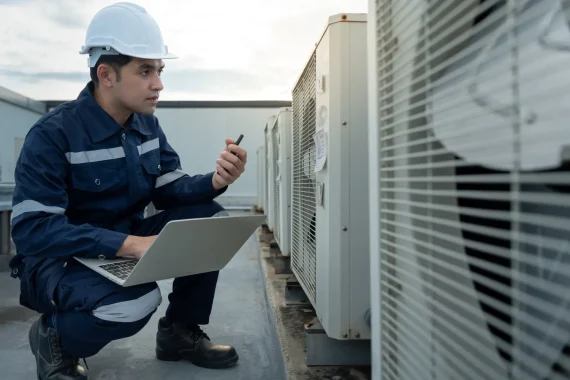 24 hour AC service technician inspecting outdoor air conditioning units.