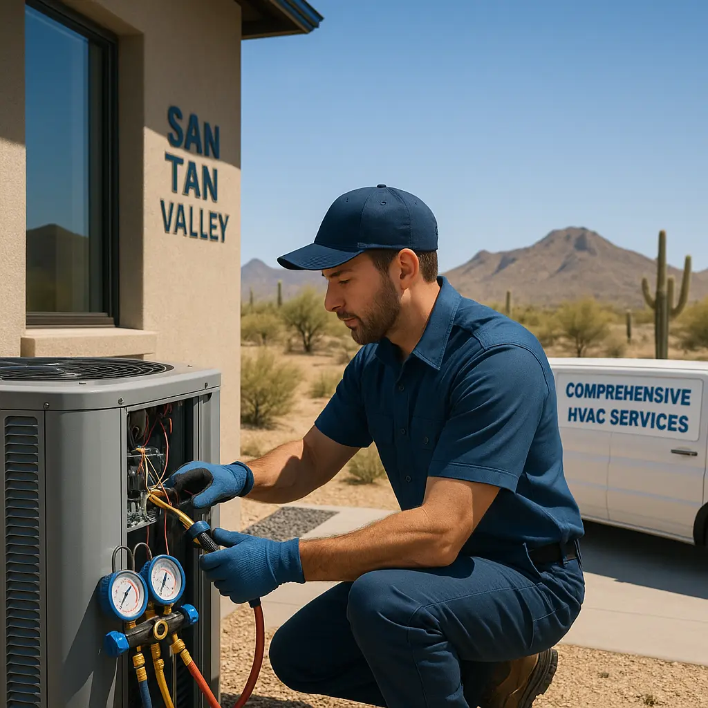 HVAC San Tan Valley technician repairing an outdoor AC unit in a desert setting.