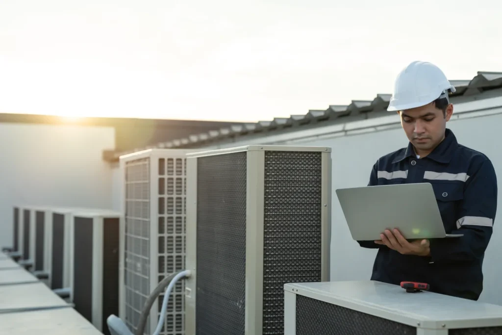 24 hour AC service technician inspecting rooftop cooling units with a laptop.