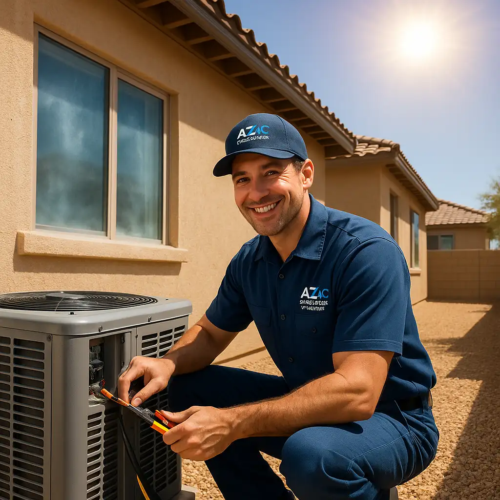 HVAC San Tan Valley technician smiling while repairing an outdoor AC unit on a sunny day.