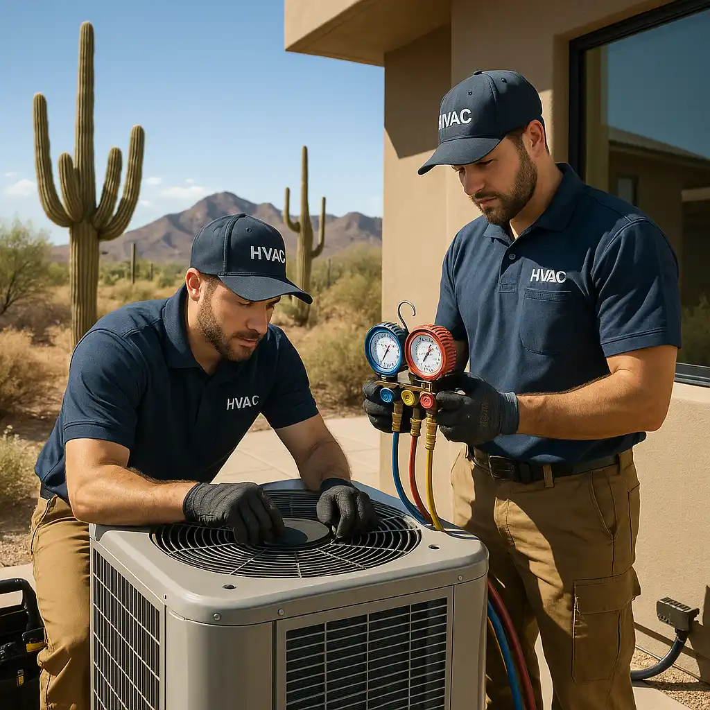 HVAC technicians performing AC maintenance in an Arizona desert setting.