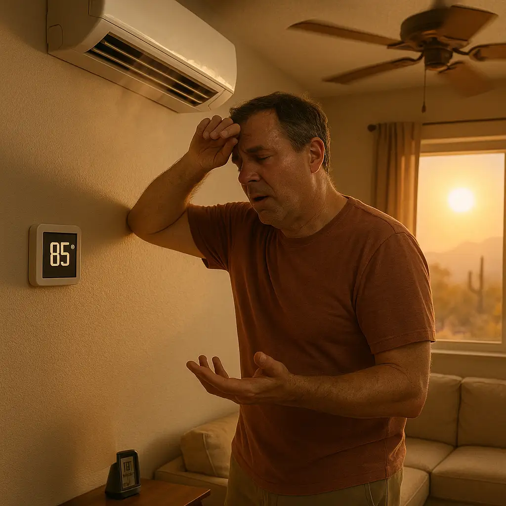 A man frustrated as his air conditioner fails to cool during a hot Arizona sunset.