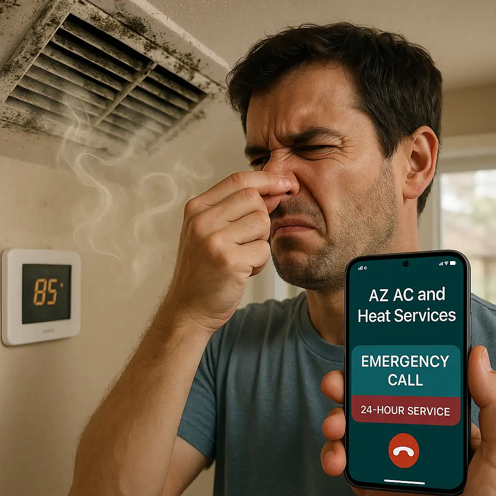 A man holding his nose near a vent emitting smoke and odors, with a phone showing an emergency AC service call.