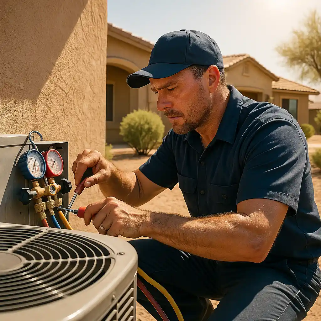 HVAC San Tan Valley technician performing maintenance on an outdoor AC unit.