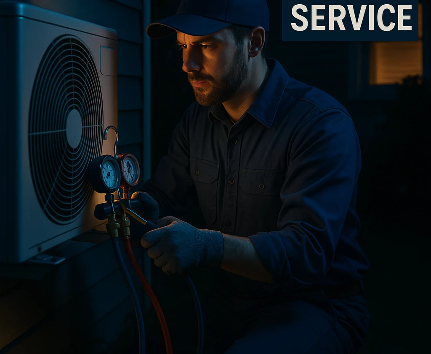 Technician performing emergency 24/7 AC service at night.