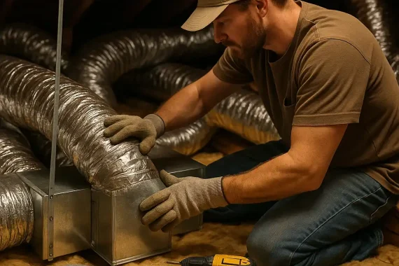 Technician showing how to install air conditioning ducts in attic.