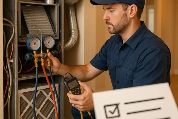 HVAC technician performing refrigerant level checks and maintenance to demonstrate what is included in HVAC service.
