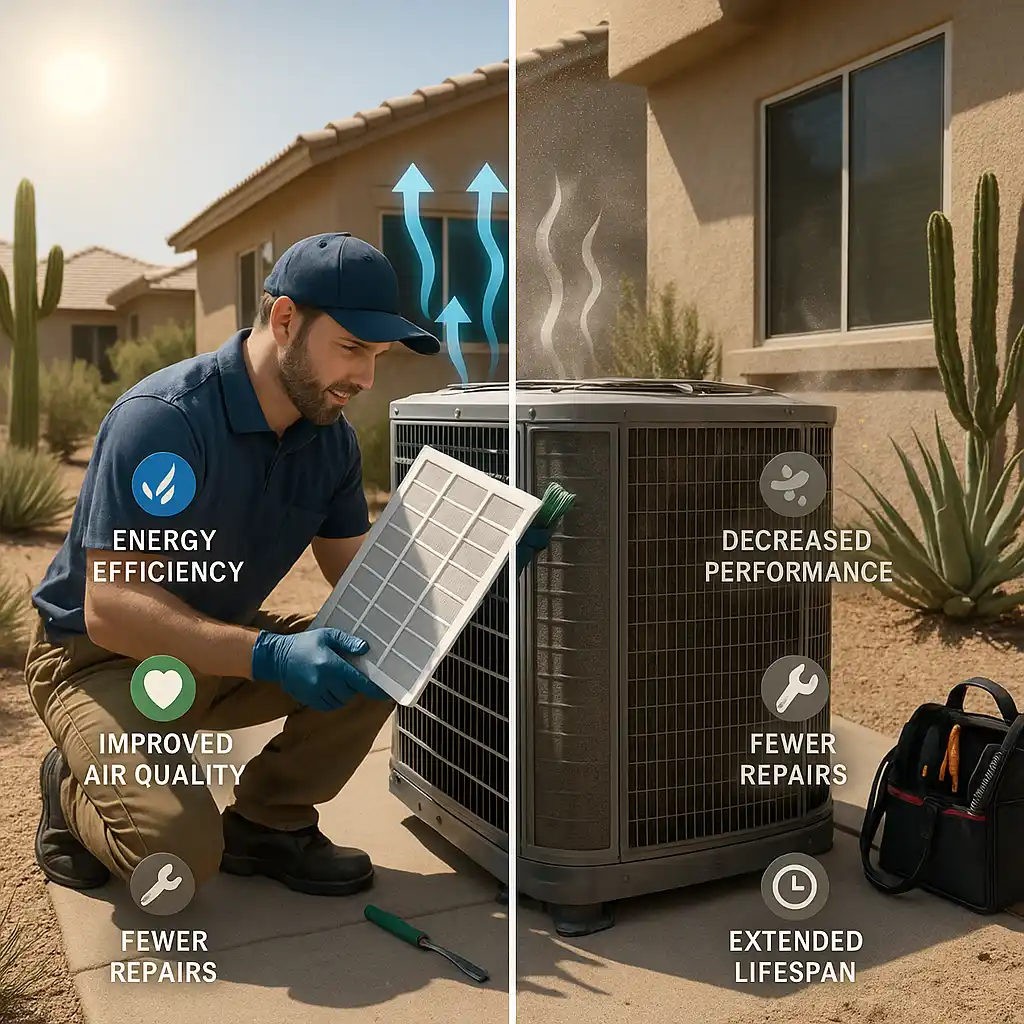 HVAC technician cleaning an AC filter to improve energy efficiency and air quality.