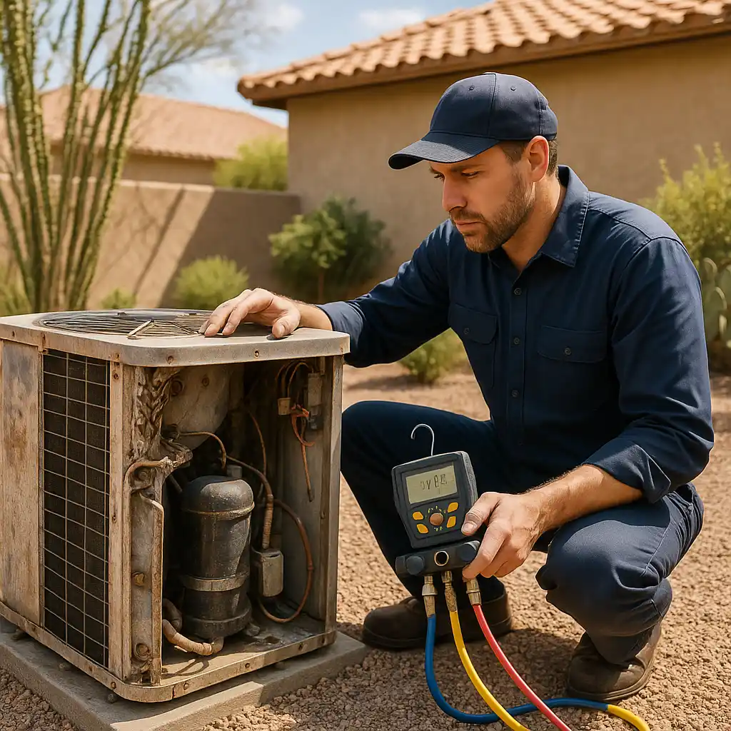 HVAC technician inspecting an outdoor AC unit using diagnostic tools in Arizona.