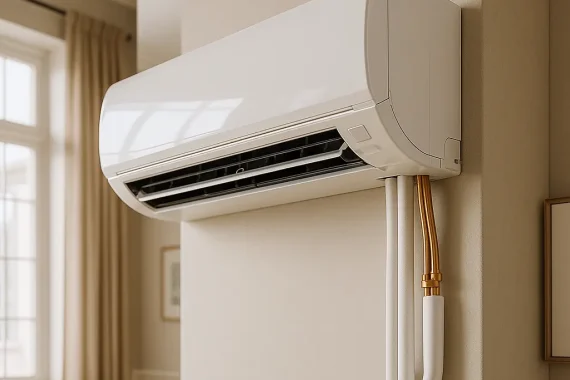 Is it necessary to service AC every year? Wall-mounted air conditioning unit in a home emphasizing the need for regular maintenance.