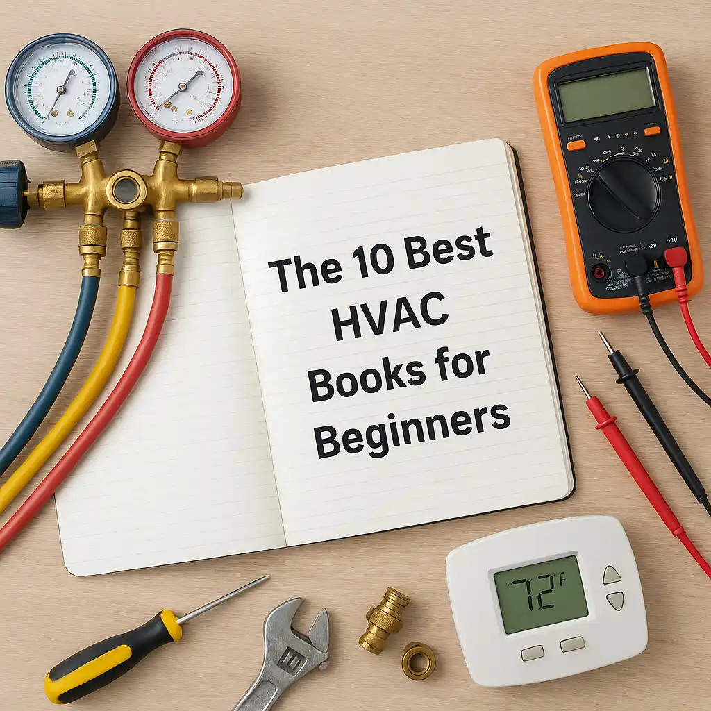 Open notebook with "The 10 Best HVAC Books for Beginners" written on it, surrounded by HVAC tools and a digital thermostat.
