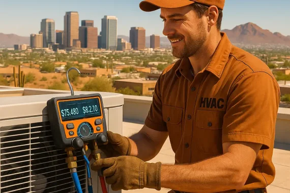 HVAC technician adjusting gauges on a rooftop air conditioning unit, illustrating How Much Do HVAC Techs Make.