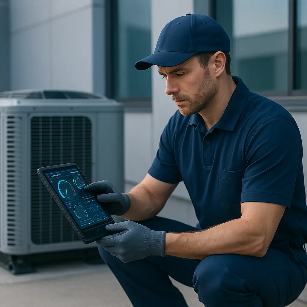 HVAC technician using a tablet to check air conditioning system diagnostics.