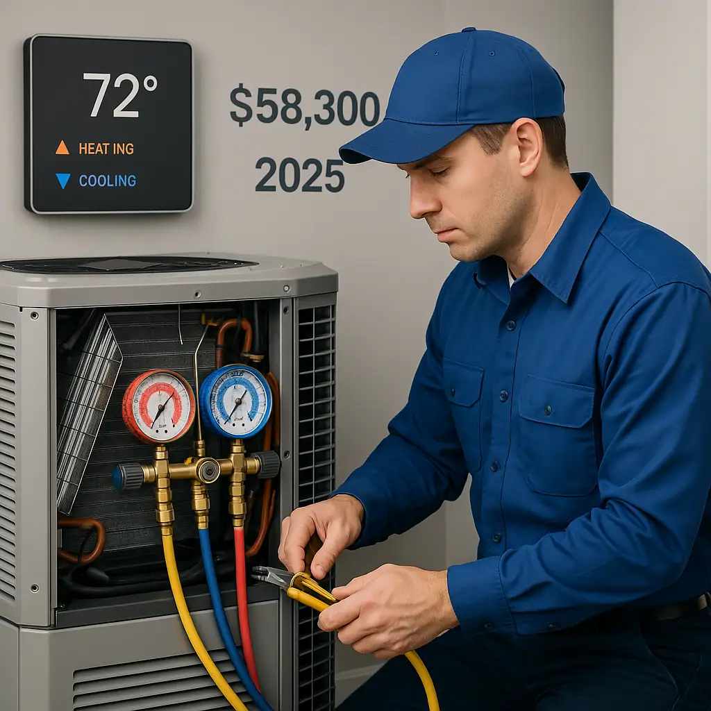 HVAC technician in blue uniform working on an air conditioning unit with gauges.