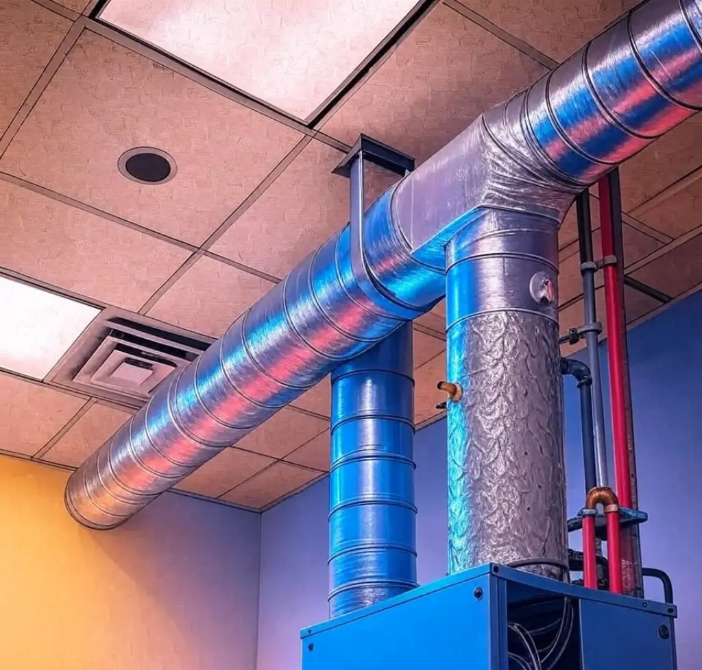 Modern HVAC ductwork and unit installed on a ceiling with visible pipes and vents.