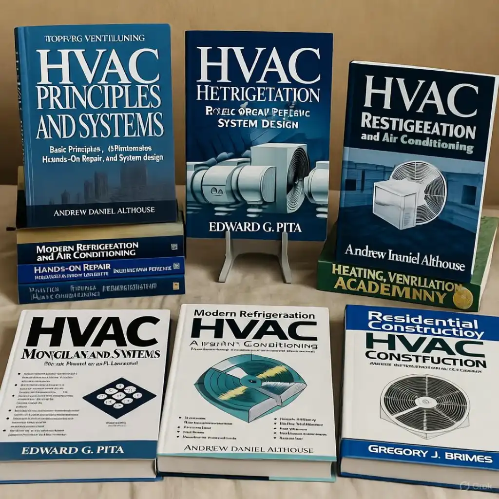 Several HVAC textbooks arranged on a table.