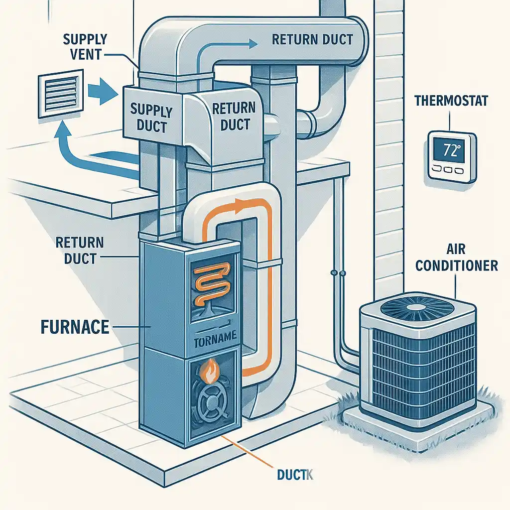 Diagram of an HVAC system showing furnace, ducts, thermostat, and air conditioner.