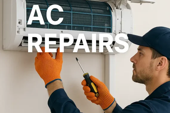 Technician performing common AC repairs on a wall-mounted air conditioning unit.