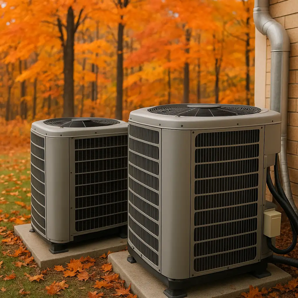 Two outdoor HVAC units surrounded by fall leaves and trees with orange foliage.