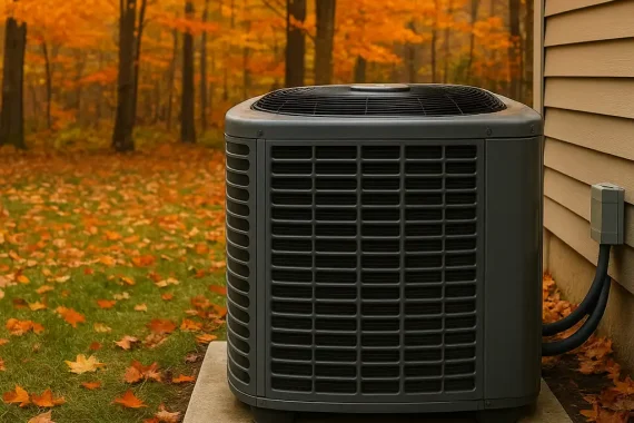 HVAC system outside a house with a fall foliage background. - Fall HVAC Maintenance Checklist