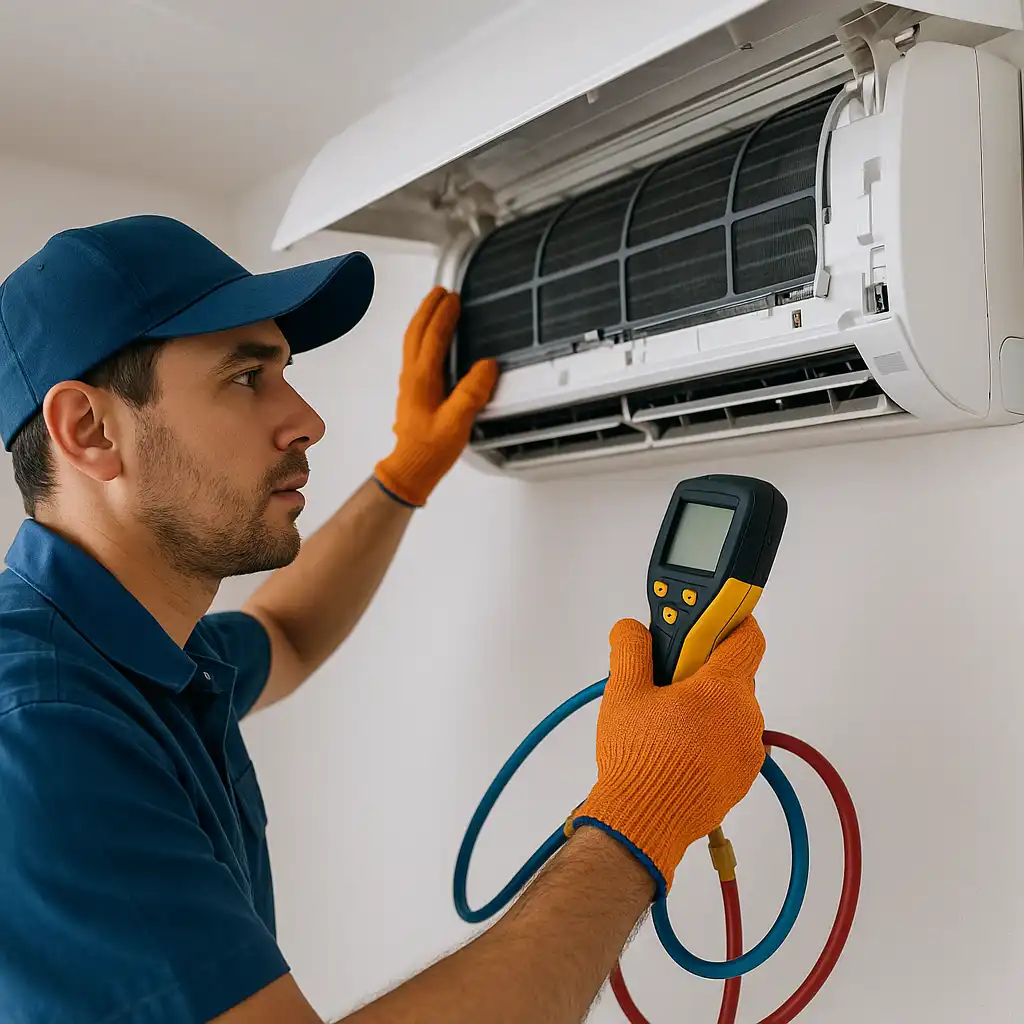Technician diagnosing an air conditioning unit during one of the most common AC repairs.