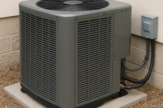 Modern HVAC unit installed outside a home, highlighting the importance of a new home HVAC warranty.