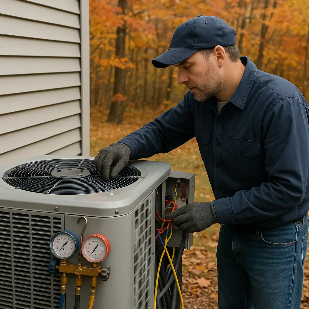  Technician performing fall maintenance on an outdoor HVAC unit surrounded by autumn trees.