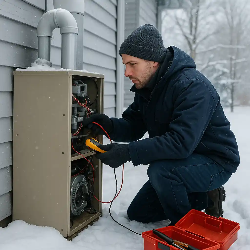 Technician performing emergency furnace repair during winter snowfall.